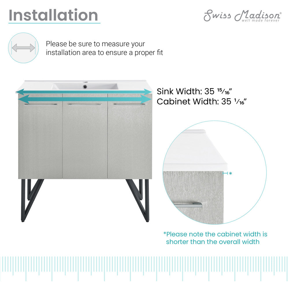 36-inch freestanding gray bathroom vanity with sink top, soft-close doors, modern metal legs.