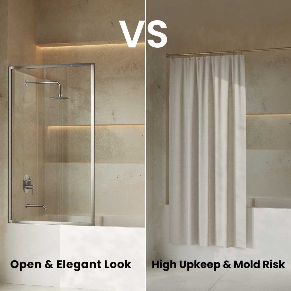 Pierre 34 x 58 Framed Fixed 3/8 in. (10mm) Clear Tempered Glass Tub Door with Nickel Brushed Frame