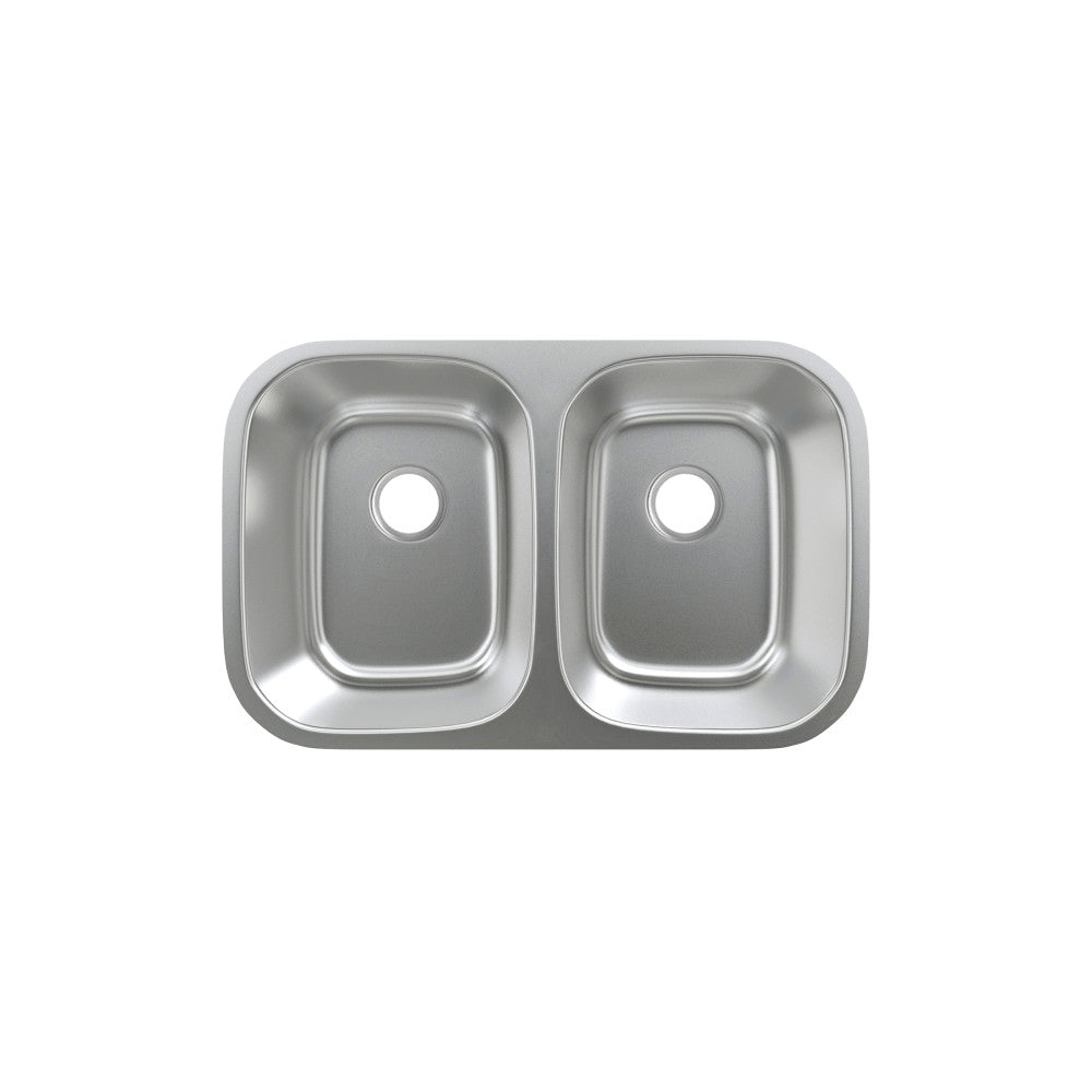29 x 18 stainless steel undermount kitchen sink with dual basins and rounded corners.