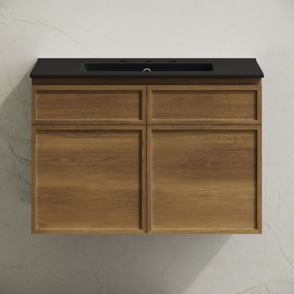 St. Tropez 30" Wall-Mounted Bathroom Vanity in Brown Oak with Black 3-Hole Widespread Sink Top