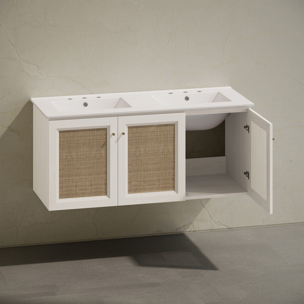 Classe 48" Wall-Mounted Bathroom Vanity in White Oak with Double Basin 3-Hole Centerset Faucet Holes Vanity Top