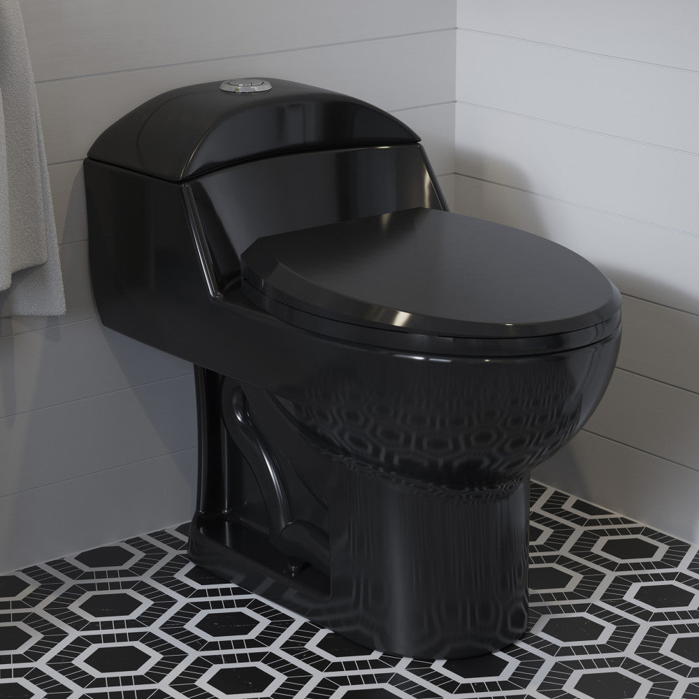 Chateau One-Piece Elongated Toilet Dual-Flush in Glossy Black 1.1