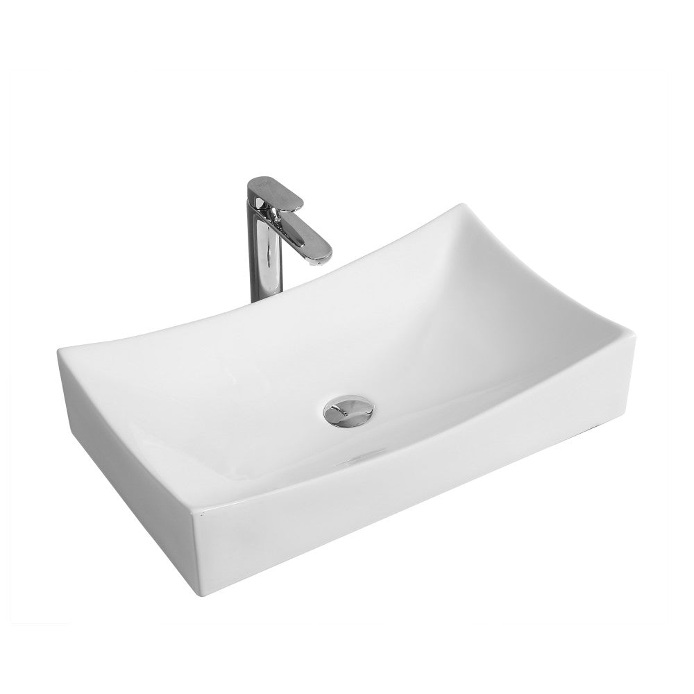 25.5” rectangular white ceramic vessel bathroom sink with center drain.