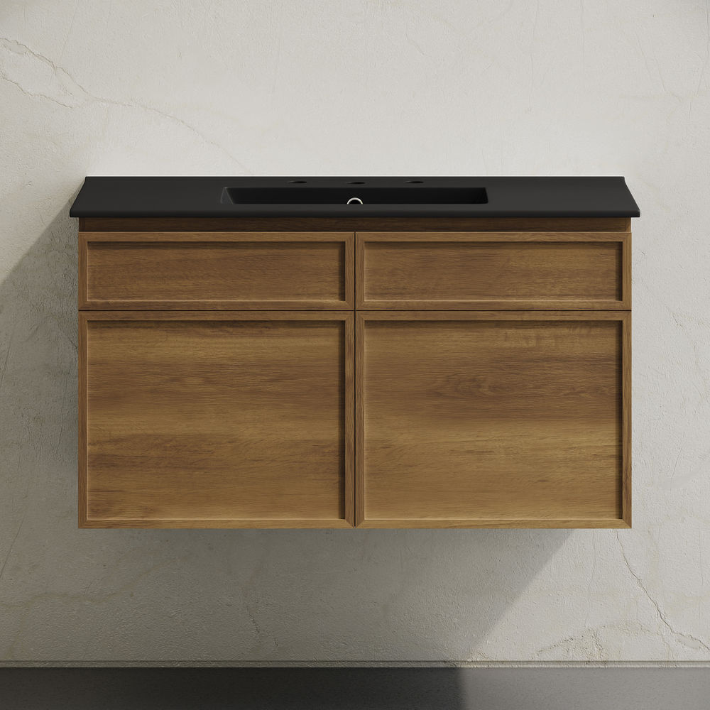 St. Tropez 36" Wall-Mounted Bathroom Vanity in Brown Oak with Black 3-Hole Widespread Sink Top