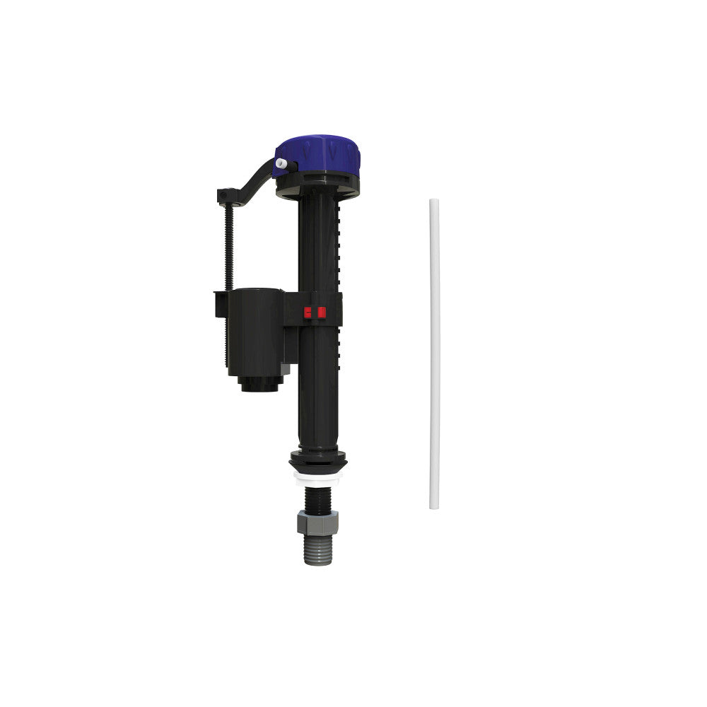 Toilet fill valve in black and blue plastic with adjustable height and additional white tube accessory.