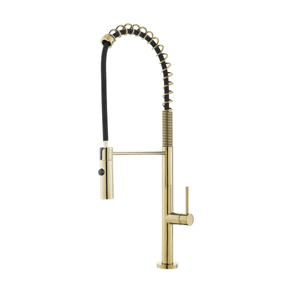 Pull-down kitchen faucet in brushed gold, single handle, spring coil neck design.