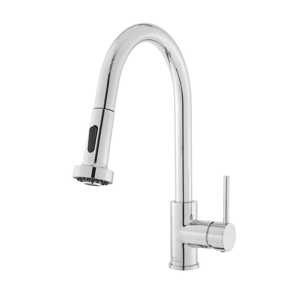 Pull-down kitchen faucet in chrome, single handle with high-arc curved spout and spray head.