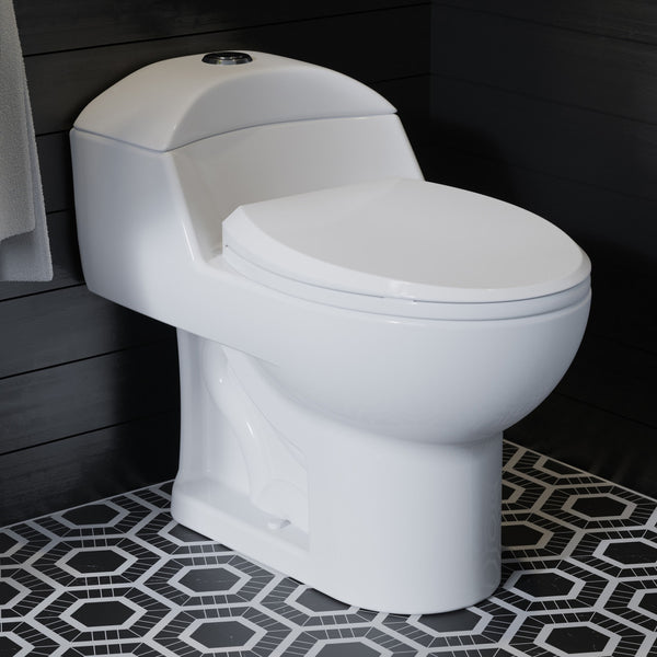 Elongated one-piece toilet in white with dual-flush button and soft-close seat.