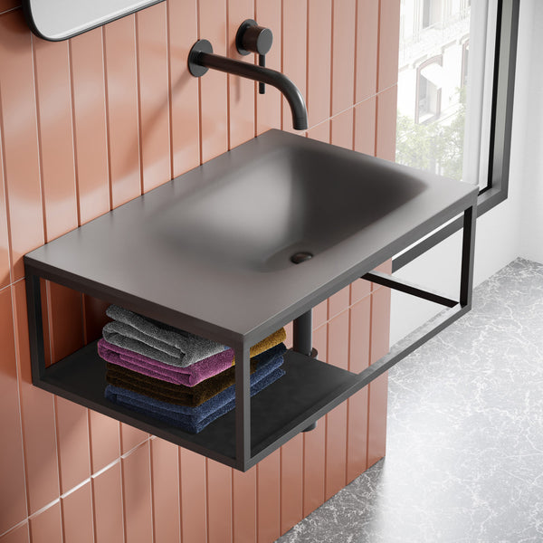 24" dark gray rectangular wall-mount concrete bathroom sink with black metal frame shelf.