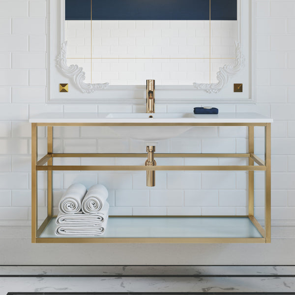 48-inch wall-mount bathroom vanity with gold metal frame, white top, and open lower shelf with towels.