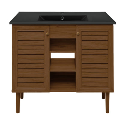 Bron 36" Freestanding Bathroom Vanity in Brown Oak with Black Sink Top