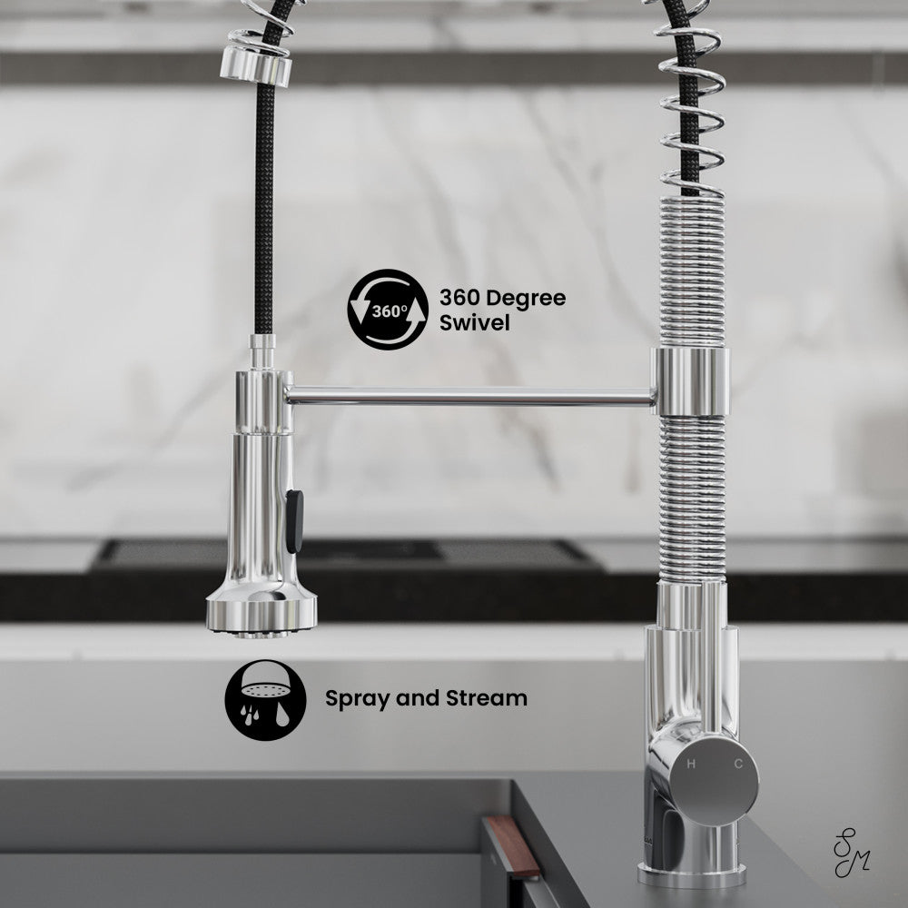 Pull-down kitchen faucet in chrome with single handle, spring coil neck, 360-degree swivel, spray and stream functions.