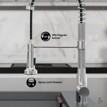 Pull-down kitchen faucet in chrome with single handle, spring coil neck, 360-degree swivel, spray and stream functions.