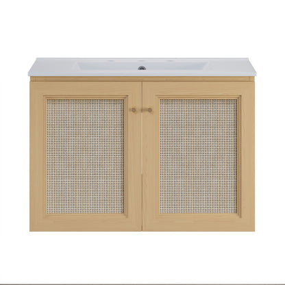 Classe 30" Wall-Mounted Bathroom Vanity in Natural Oak with Widespread Faucet Holes Vanity Top