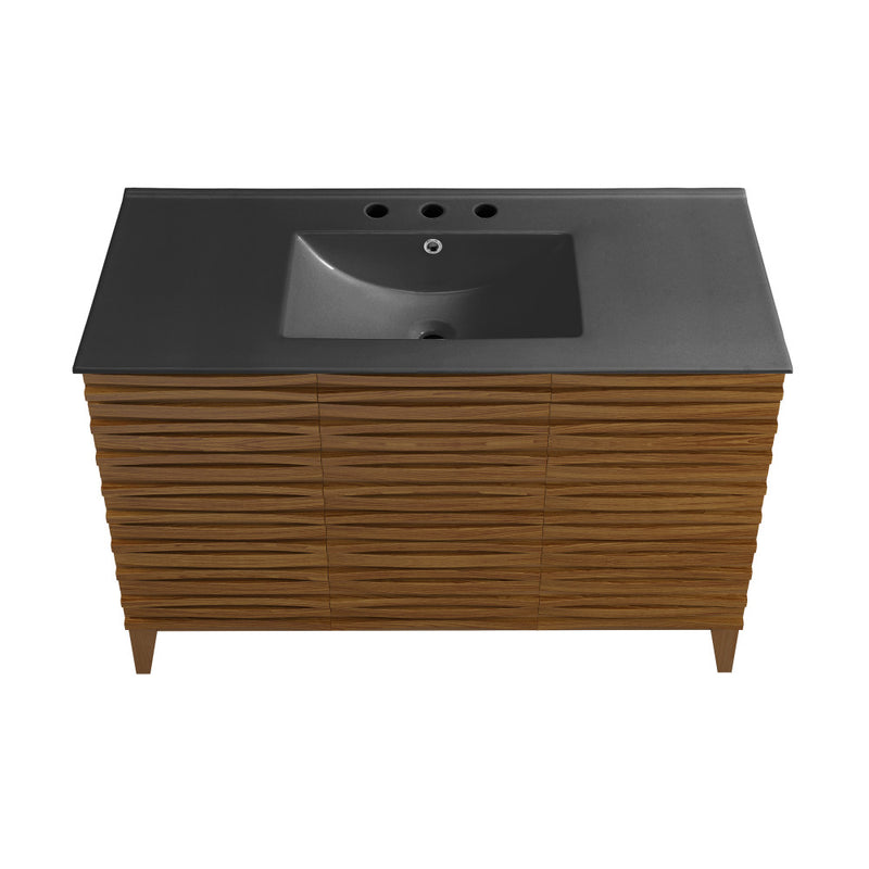 Cascade 48 in. Brown Oak Bathroom Vanity With Black, 3-Hole Ceramic Sink Top