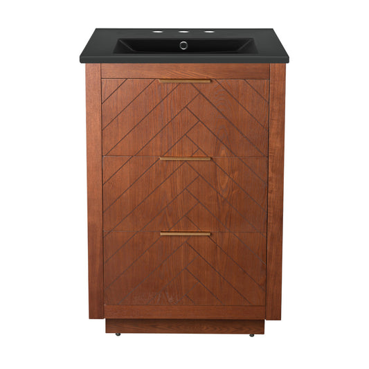 Daxton 24" Freestanding Bathroom Vanity in Brown Oak with Black 3-Hole Centerset Sink Top