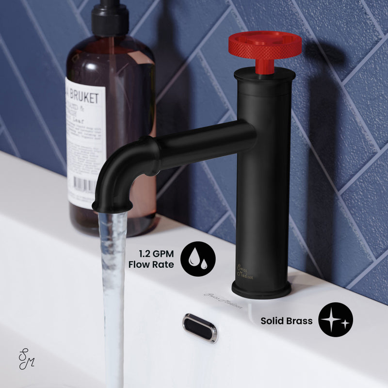 Avallon Single Hole, Single-Handle, Bathroom Faucet in Matte Black with Red Handle