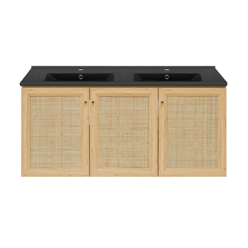 Classe 48" Wall-Mounted Bathroom Vanity in Natural Oak with Black Double Basin Sink Top