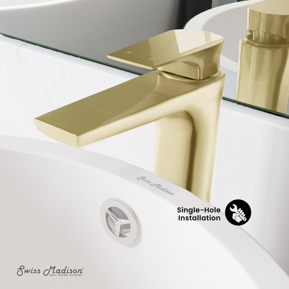 Single-handle high arc bathroom faucet in brushed gold, single-hole installation.