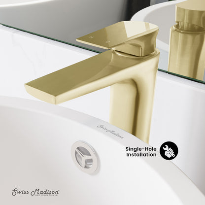 Single-handle high arc bathroom faucet in brushed gold, single-hole installation.