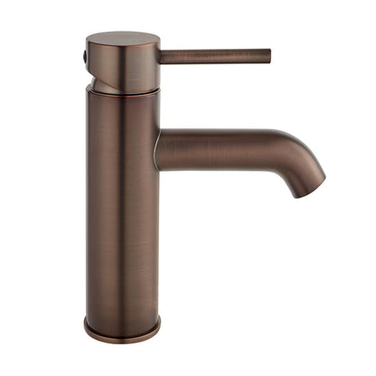 Single-handle bathroom faucet in oil rubbed bronze, tall cylindrical spout and lever handle.