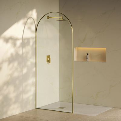 Porte 34 x 76 Framed Fixed 3/8 in. (10mm) Clear Tempered Glass Shower Door with Gold Brushed Frame