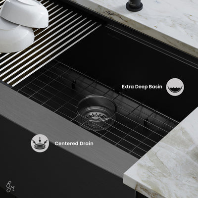 Tourner 33 x 22 Stainless Steel, Single Basin, Farmhouse Kitchen Workstation Sink with Apron in Black