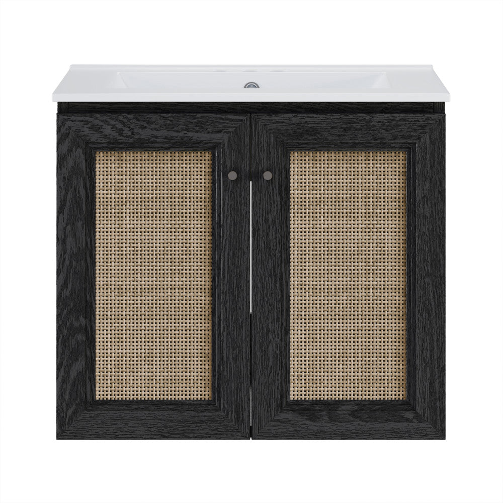 Classe 24" Wall-Mounted Bathroom Vanity in Black Oak with Centerset Faucet Holes Vanity Top