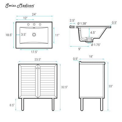 Bron 24" Freestanding Bathroom Vanity in Black Oak with 3-Hole Widespread Sink Top