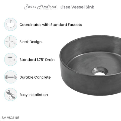 Lisse 14.5" Round Concrete Vessel Bathroom Sink in Dark Grey