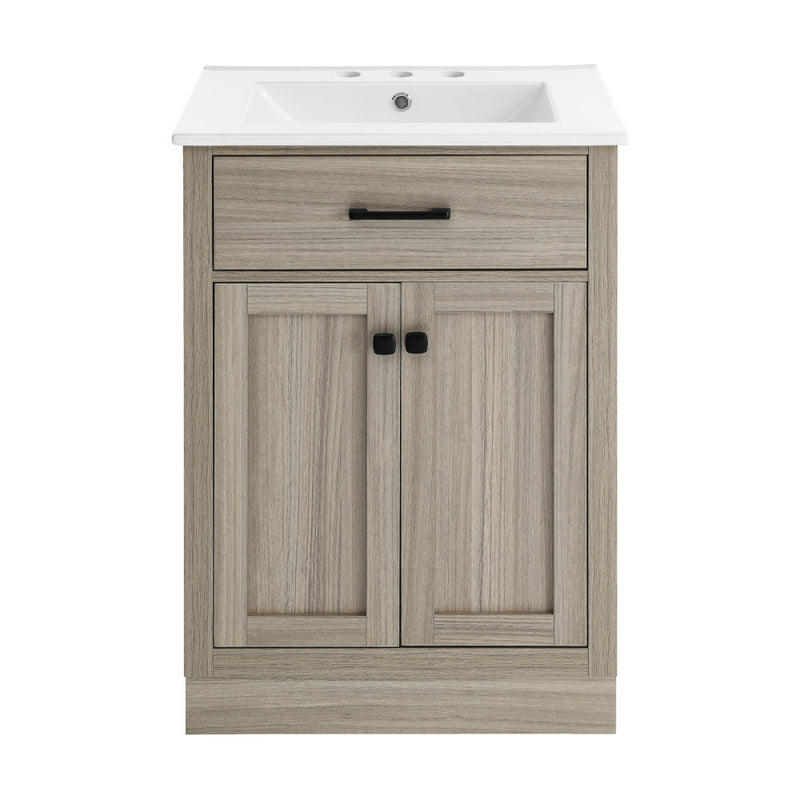 Burdon 24 in. Brown Oak Bathroom Vanity With White, 3-Hole Ceramic Sink Top