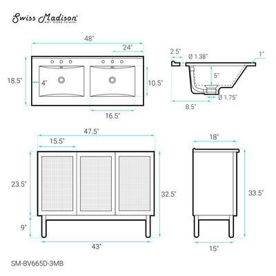 Classe 48 in. Brown Oak, Double Basin Bathroom Vanity With Black, 3-Hole Ceramic Sink Top