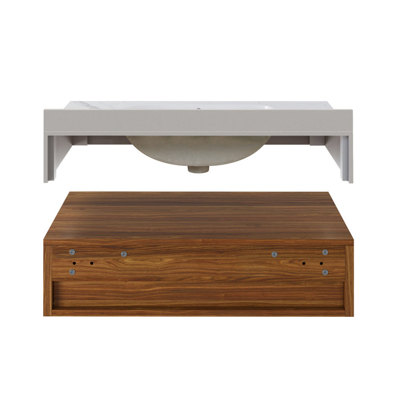 Avancer 36" Wall-Mounted Bathroom Vanity in Brown Oak with White Marble Sink Top