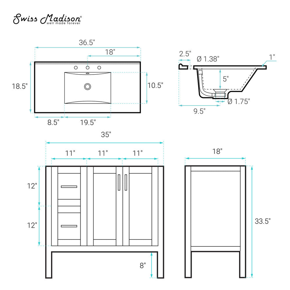 Forme 36" Modular Freestanding Bathroom Vanity with 3-Hole Widespread Top in White
