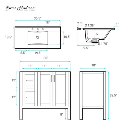 Forme 36" Modular Freestanding Bathroom Vanity with 3-Hole Widespread Top in White