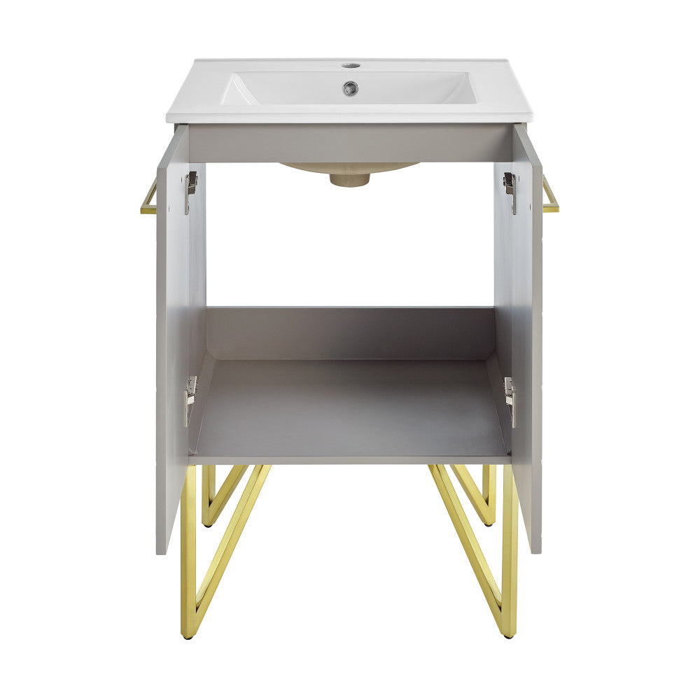 24-inch freestanding bathroom vanity in diamond gray with single sink and gold metal legs.