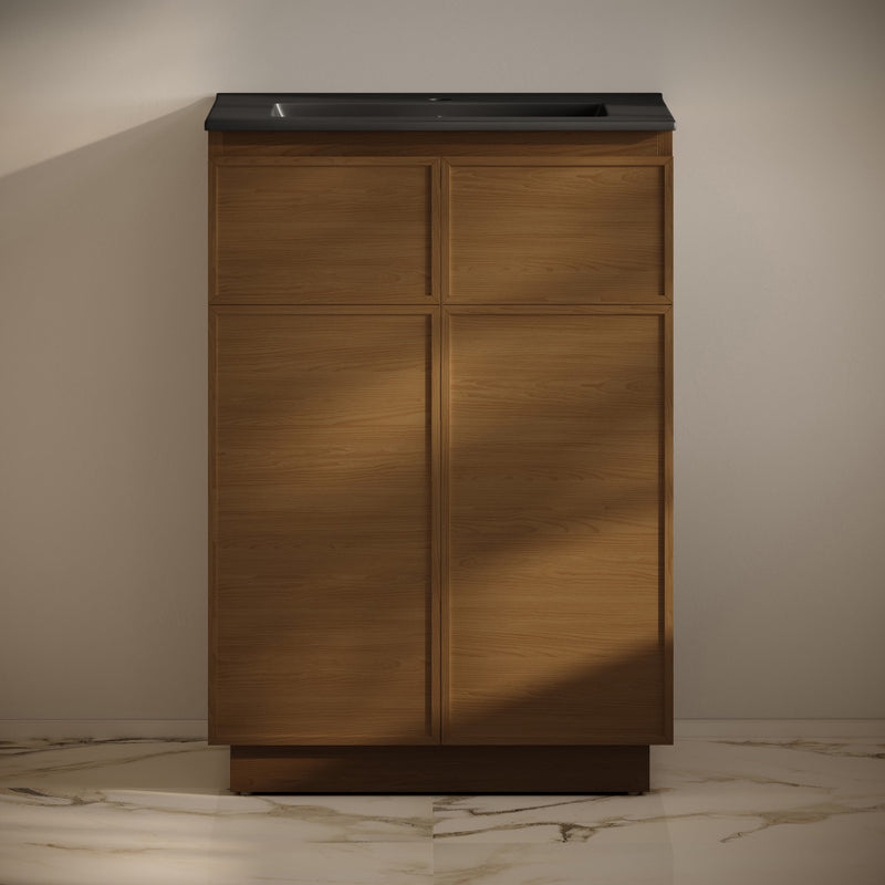 St. Tropez 24" Freestanding Bathroom Vanity in Brown Oak with Black Sink Top