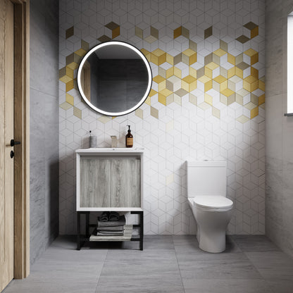 24-inch freestanding bathroom vanity with two doors, open shelf, rustic wood finish, and black metal legs.