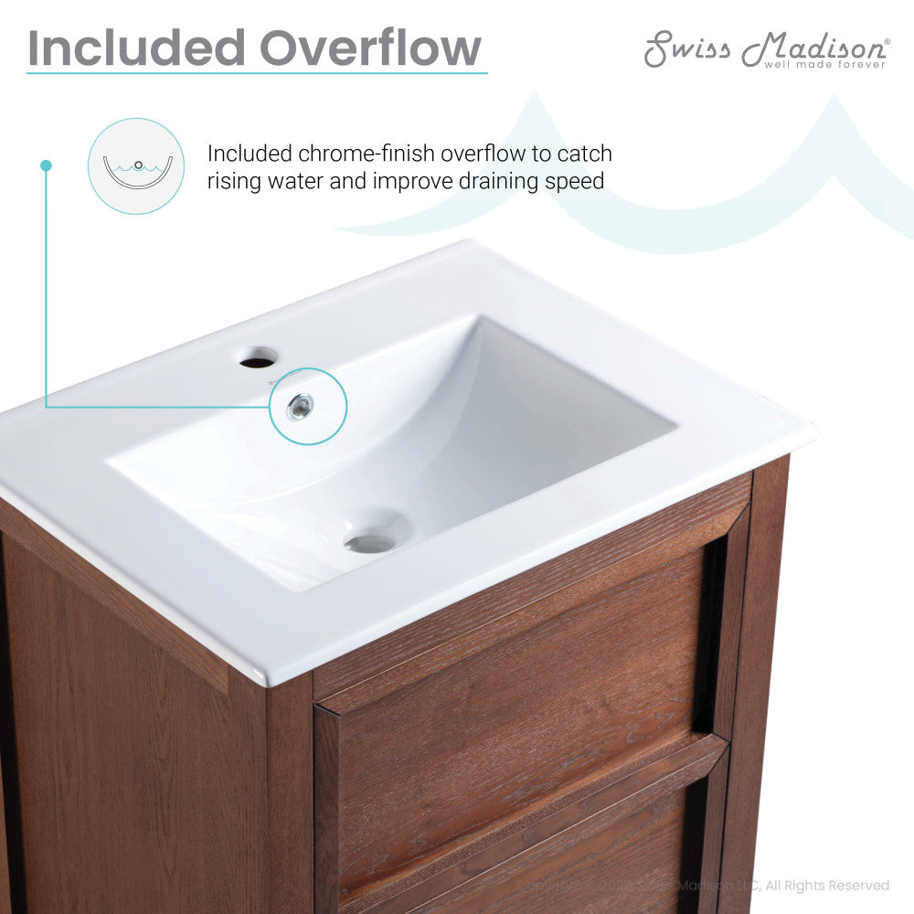 24" freestanding bathroom vanity in brown oak with single sink and chrome finish overflow.