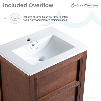 24" freestanding bathroom vanity in brown oak with single sink and chrome finish overflow.