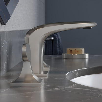 Widespread bathroom faucet in brushed nickel with two handles and curved spout.
