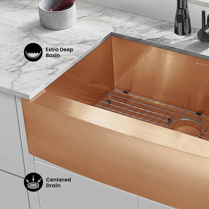 Rivage 30 x 21  Stainless Steel, Single Basin, Farmhouse Kitchen Sink with Apron in Rose Gold