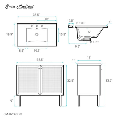 Classe 36" Freestanding Bathroom Vanity in Black Oak with 3-Hole Widespread Sink Top