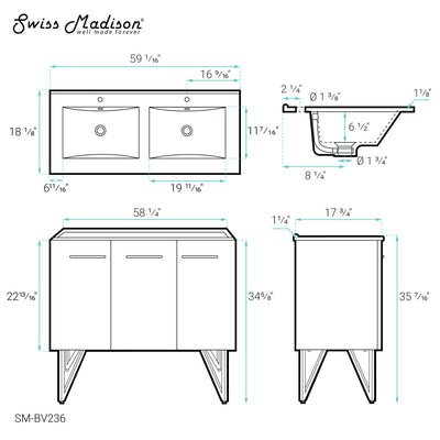 Annecy 60" Freestanding Bathroom Vanity in Gray with Sink Top