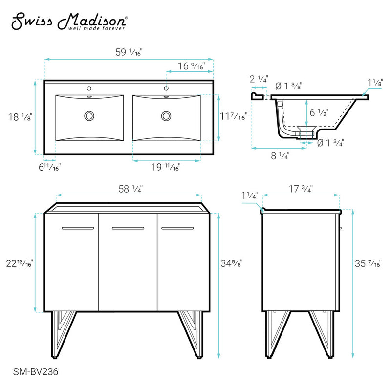 Annecy 60" Freestanding Bathroom Vanity in Gray with Sink Top