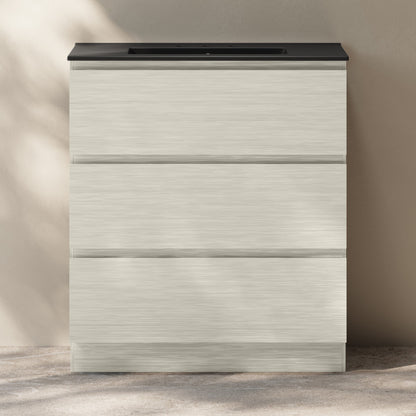 Liberte 30" Freestanding Bathroom Vanity in White Oak with Black 3-Hole Widespread Sink Top