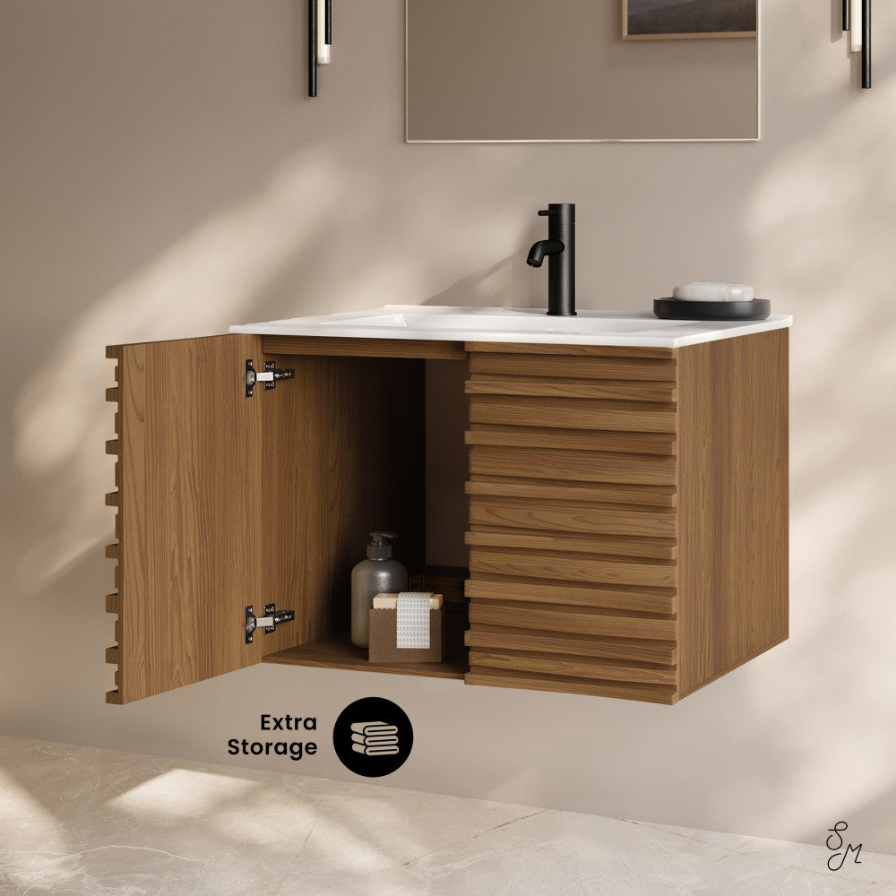 Cascade 30" Wall-Mounted Bathroom Vanity in Brown Oak with Sink Top