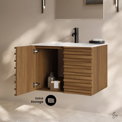 Cascade 30" Wall-Mounted Bathroom Vanity in Brown Oak with Sink Top