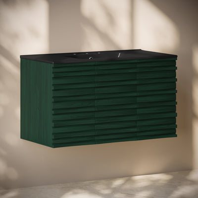 Cascade 36" Wall-Mounted Bathroom Vanity in Green Oak with Black 3-Hole Widespread Sink Top