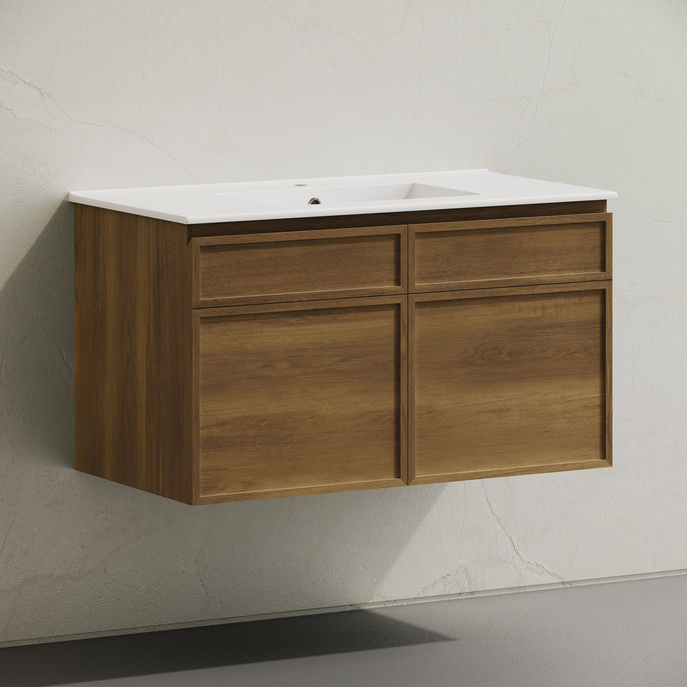 St. Tropez 36" Wall-Mounted Bathroom Vanity in Brown Oak with Sink Top
